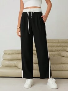 SHEIN Essnce Tương phản Đường may bên Eo dây rút Quần - màu đen - Xem 1