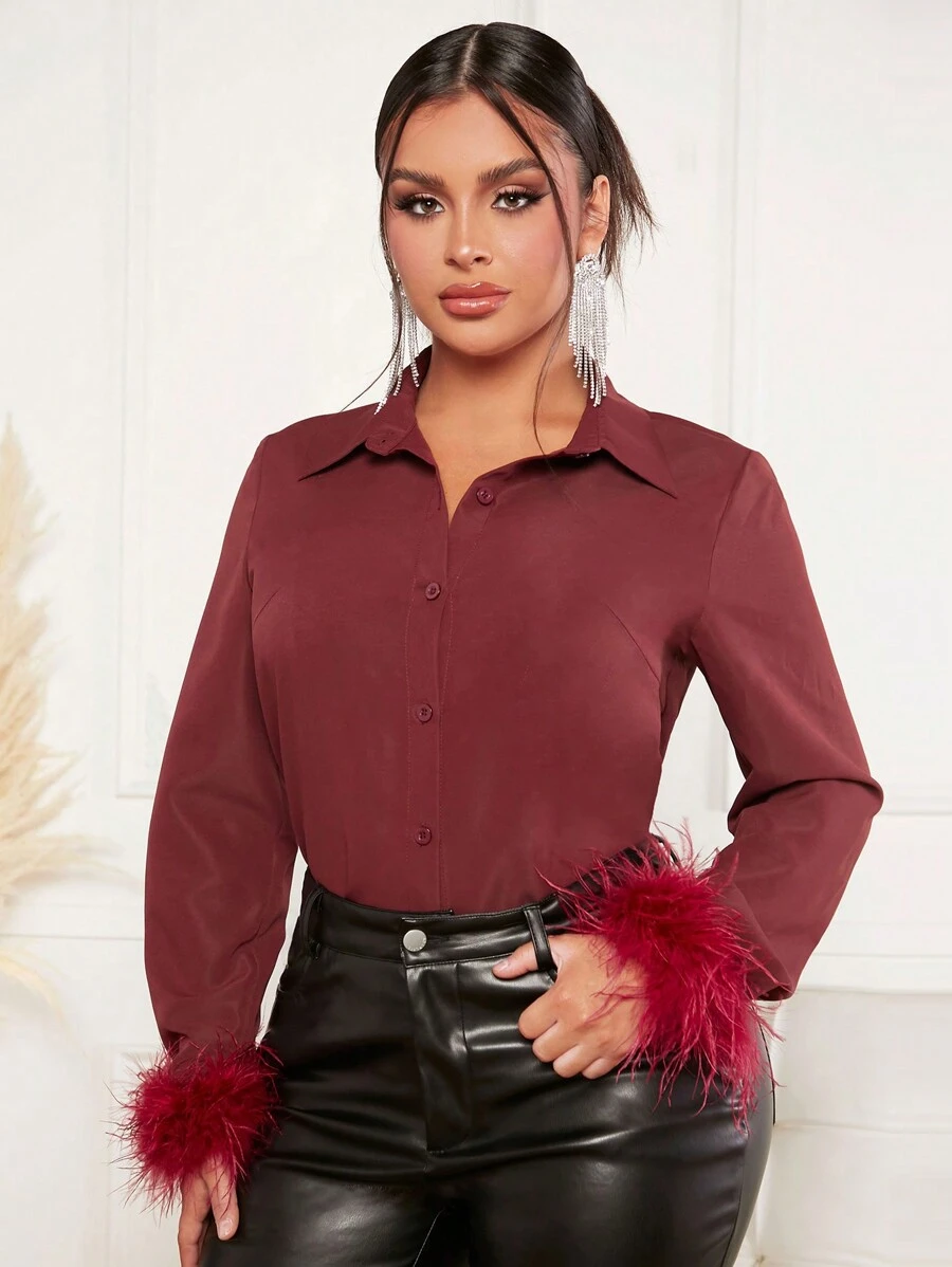 SHEIN SXY قميص زغبي كفة أزرار أمامية - الأحمر - مشاهدة 1