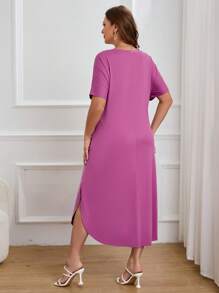 SHEIN Essnce 大碼素色V領開衩袖洋裝 - 紫色 - 查看 2