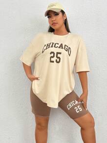 SHEIN EZwear 大碼字母圖案落肩T恤&騎行褲 - 彩色 - 查看 5