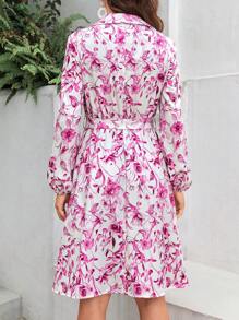 SHEIN VCAY Floral Print Lantern Sleeve Belted Shirt Dress - Multicolor - View 2
