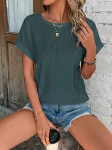 SHEIN LUNE Eyelet Embroidery Batwing Sleeve Tee - Dark Green - View 1