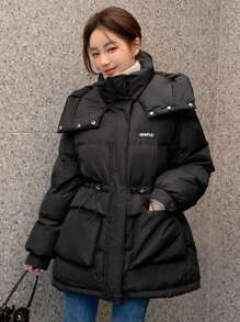 DAZY Letter Graphic Drawstring Waist Hooded Puffer Thick Pockets Coat - Black - View 1