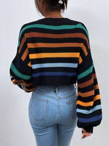 EMERY ROSE 条纹图案落肩针织套头衫秋冬毛衣 - 黑色 - 查看 2