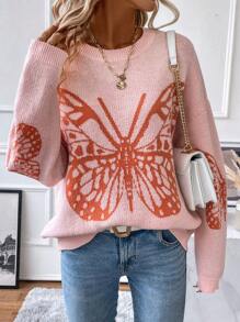 EMERY ROSE Suéter de hombros caídos con estampado de mariposa, suéter de punto de manga larga para otoño e invierno - Rosa - Ver 6