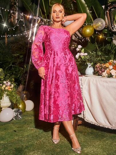 Glamaker Plus One Shoulder Lantern Sleeve Dress