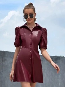 Eilly Bazar 休閒鈕扣純色女士連衣裙 - 紫紅色 - 查看 5