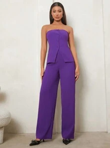 SHEIN Tall 素色前紐扣抹胸上衣和褲子 - 紫色 - 查看 5