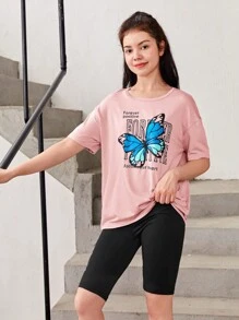 SHEIN 青少年女孩蝴蝶和標語圖案T恤和機車短褲 - 粉色 - 查看 5