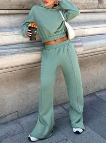 RueChic Plus Drop Shoulder Crop Hoodie & Pants - Green - View 1