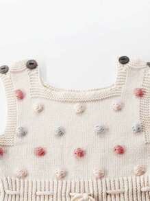 Đứa bé gái Trang trí Pompom Eo dây rút Đan Áo liền quần chặt - Màu be - Xem 3