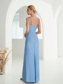 Draped Split Thigh Bridesmaid Dress - Dusty Blue - View 2