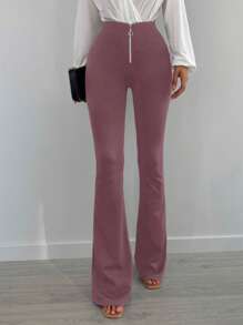 Cottnline Zip Fly Flare Leg Pants - Red Violet - View 1