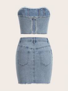 SHEIN EZwear Raw Trim Denim Tube Top & Bodycon Skirt - Light Wash - View 2