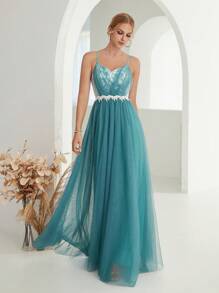 網拼接 刺綉植物伴娘禮服(成人) - 青碧色 - 查看 1