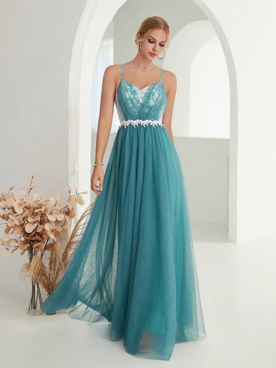 網拼接 刺綉植物伴娘禮服(成人) - 青碧色 - 查看 1