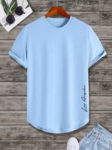 Manfinity Homme Men Letter Graphic Curved Hem Tee - Blue - View 5