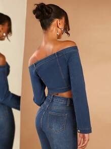 SHEIN BAE 一字肩翻蓋細節前紐扣短款牛仔夾克