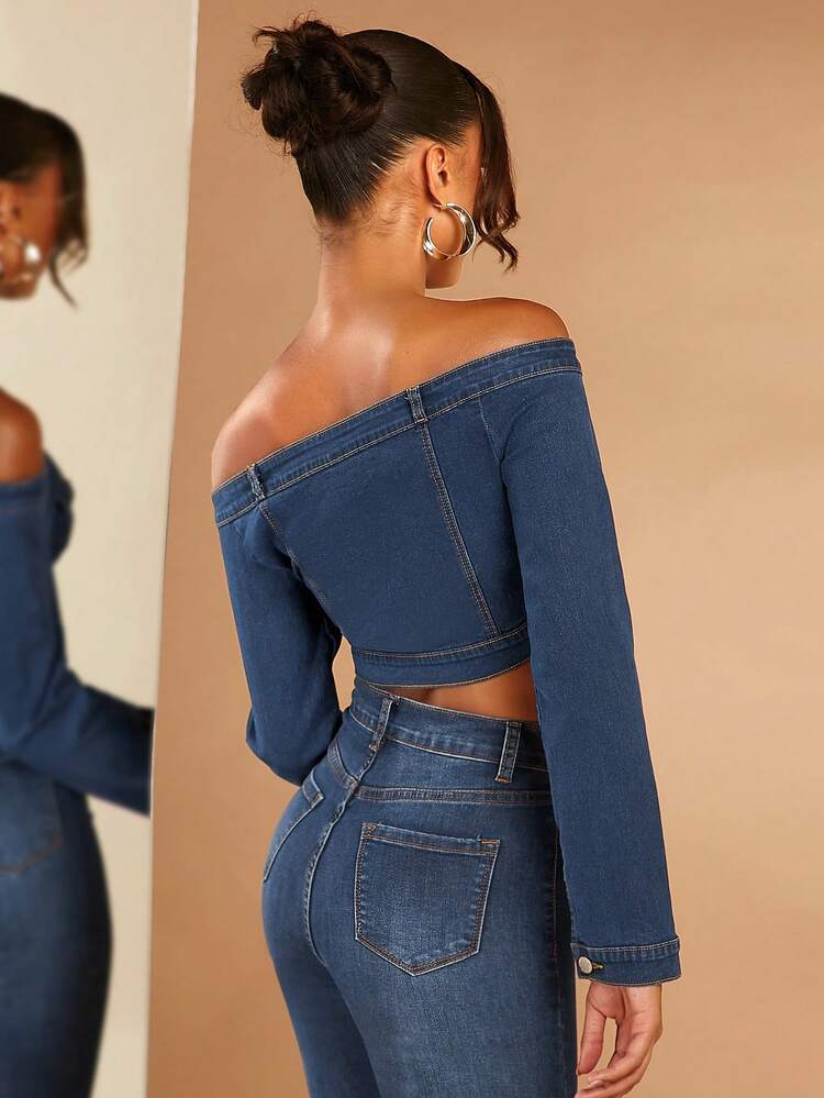 Off Shoulder Flap Detail Button Front Crop Denim Jacket