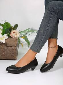 女性時尚通勤pu皮低跟單鞋,適合工作穿著 - 黑色 - 查看 3