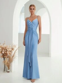 Draped Split Thigh Bridesmaid Dress - Dusty Blue - View 5