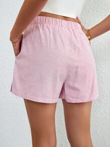 SHEIN Essnce Striped Print Slant Pocket Shorts - Red and White - View 2