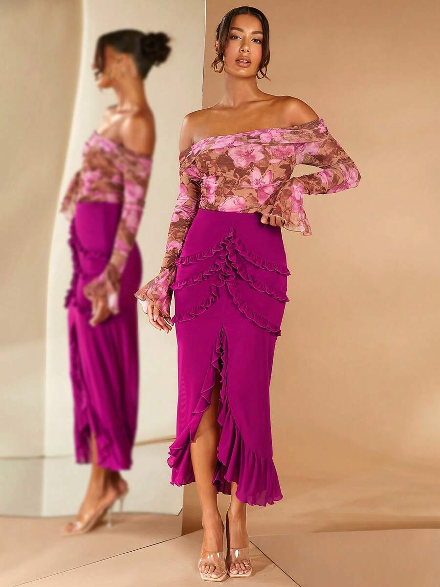 SHEIN BAE Frill Trim Split Thigh Ruffle Hem Skirt - Red Violet - View 1