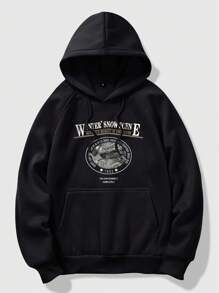 ROMWE MEN Street Life 男士字母圖案插肩袖抽繩連帽衫 - 黑色 - 查看 1