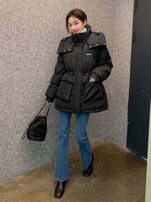 DAZY Letter Graphic Drawstring Waist Hooded Puffer Thick Pockets Coat - Black - View 8