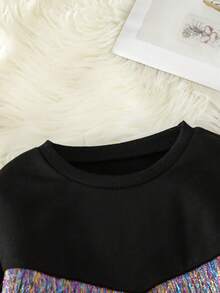 SHEIN Young Girl Fringe Trim Drop Shoulder Sweatshirt - Black - View 4