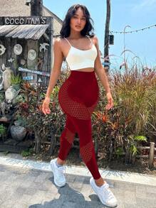 Hollow Out Wideband Waist Sports Leggings - Burgundy - View 4