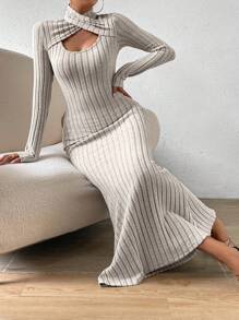Chiquease Criss Cross Cut Out Front Mermaid Hem Ribbed Knit Dress - Apricot - View 6