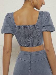 Denimoi Puff Sleeve Zip Up Crop Fashion Denim Top - Grey - View 2