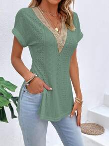 SHEIN LUNE Contrast Lace Batwing Sleeve Split Hem Tee - Green - View 4