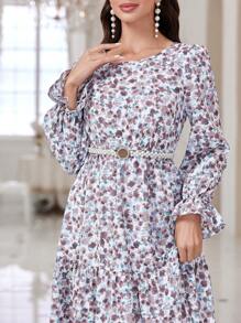 Mulvari Ditsy Floral Print Flare Sleeve Ruffle Hem Dress Without Belt - Purple - View 6