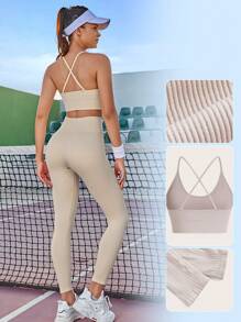 Easithlete 無縫高彈性瑜伽運動胸衣與緊身褲套裝，女士網球服裝 - 米色 - 查看 5