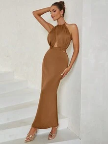 Vestido con abertura delantera de cuello halter de espalda abierta - Marrón - Ver 7