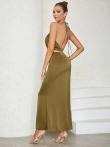 Cut Tie-Up Crossover Open-Back Hang-Pleated Dress - Olive Green - View 2