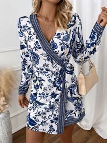 SHEIN LUNE 印花圍裹側打結連身短褲 - 藍色 - 查看 3