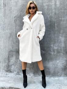 Eilly Bazar Lapel Neck Teddy Coat - White - View 3