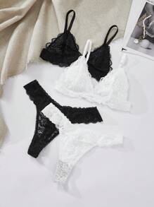 2 Packs Floral Lace Lingerie Set - Black and White - View 1