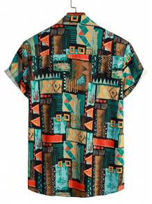 Men Geo Print Button Up Shirt - Black - View 2