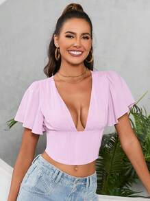 PARTHEA 深V領鑲骨蝴蝶袖短款上衣，外出必備款 - 淡紫色 - 查看 1