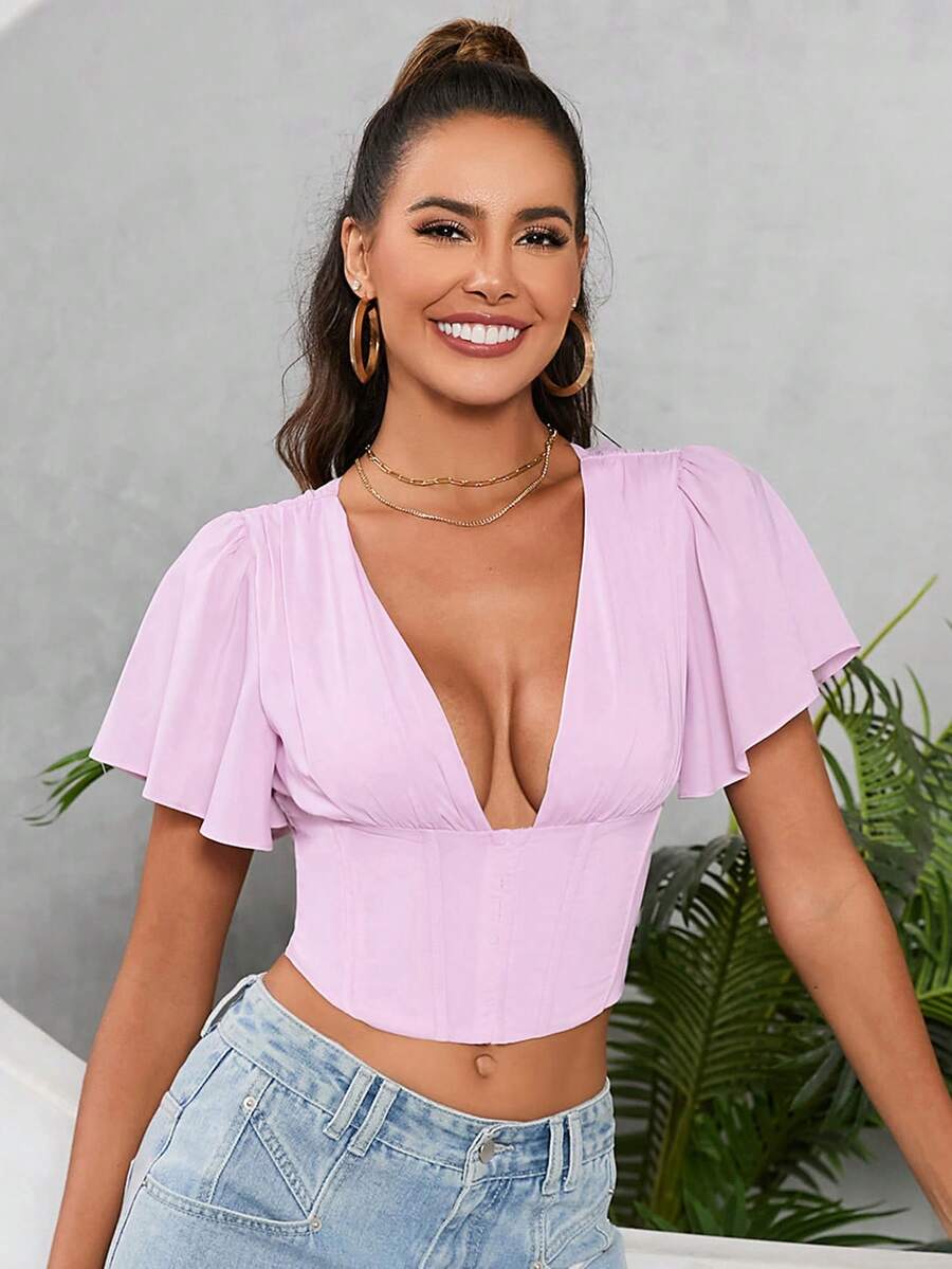 PARTHEA 深V領鑲骨蝴蝶袖短款上衣，外出必備款 - 淡紫色 - 查看 1