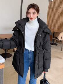 DAZY Letter Graphic Drawstring Waist Hooded Puffer Thick Pockets Coat - Black - View 9