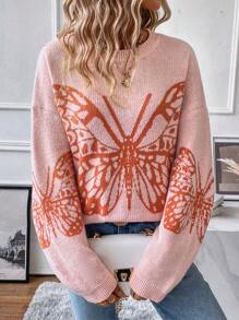 EMERY ROSE Suéter de hombros caídos con estampado de mariposa, suéter de punto de manga larga para otoño e invierno - Rosa - Ver 1