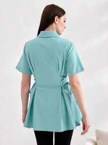 Mulvari Lace Up Side Fold Pleated Detail Shirt - Mint Green - View 3