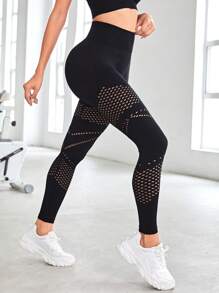鏤空寬腰帶運動打底褲 - 黑色 - 查看 2