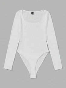 SHEIN EZwear Solid Scoop Neck Ribbed Knit Bodysuit - White - View 2