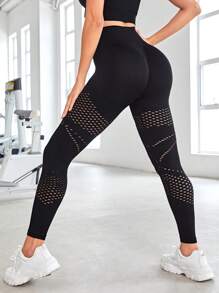 鏤空寬腰帶運動打底褲 - 黑色 - 查看 3